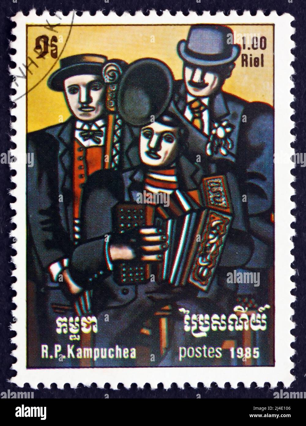 CAMBODIA - CIRCA 1985: a stamp printed in Cambodia shows Three Musicians, Painting by Fernand Leger, French Painter, circa 1985 Stock Photo