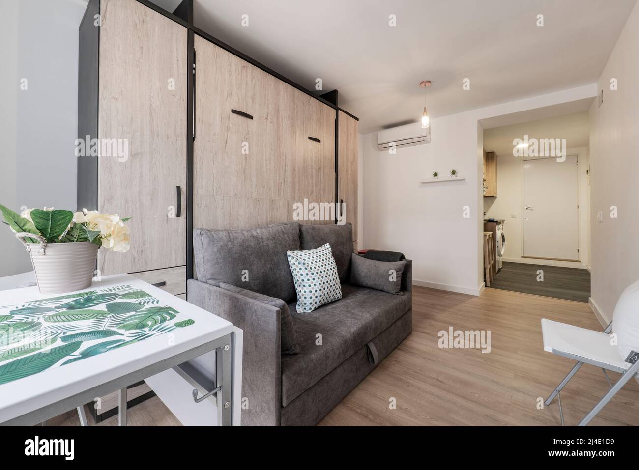 Extra bed inside sofa with cushions in shortterm rental studio