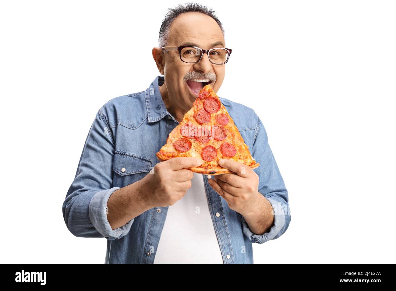 Happy Mature Man Biting A Slice Of Pepperoni Pizza Isolated On White