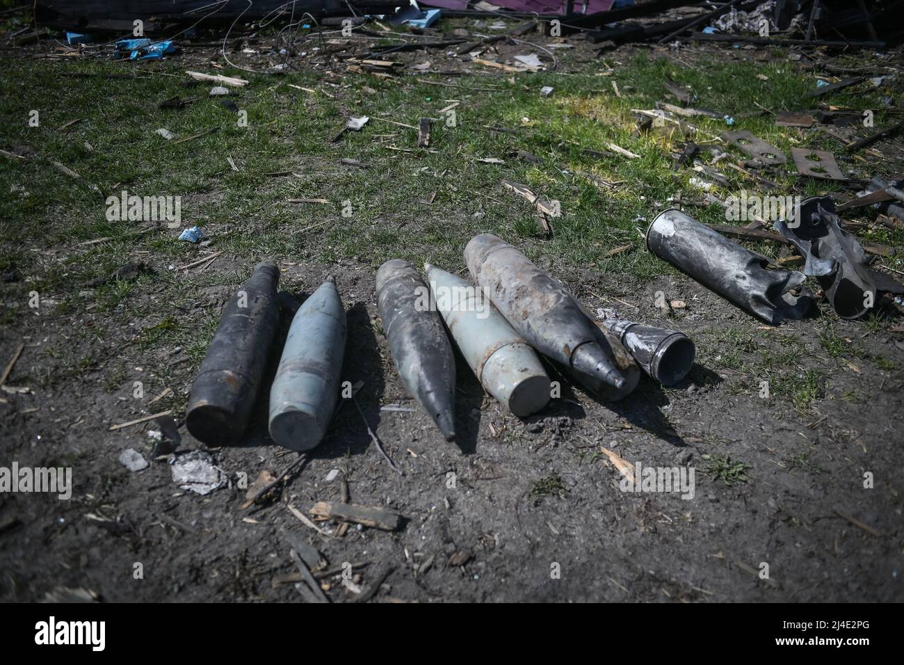 Andriivka, near Kyiv, Ukraine - April 14, 2022: remains of weapons lay on the ground Credit: Piero Cruciatti/Alamy Live News Stock Photo