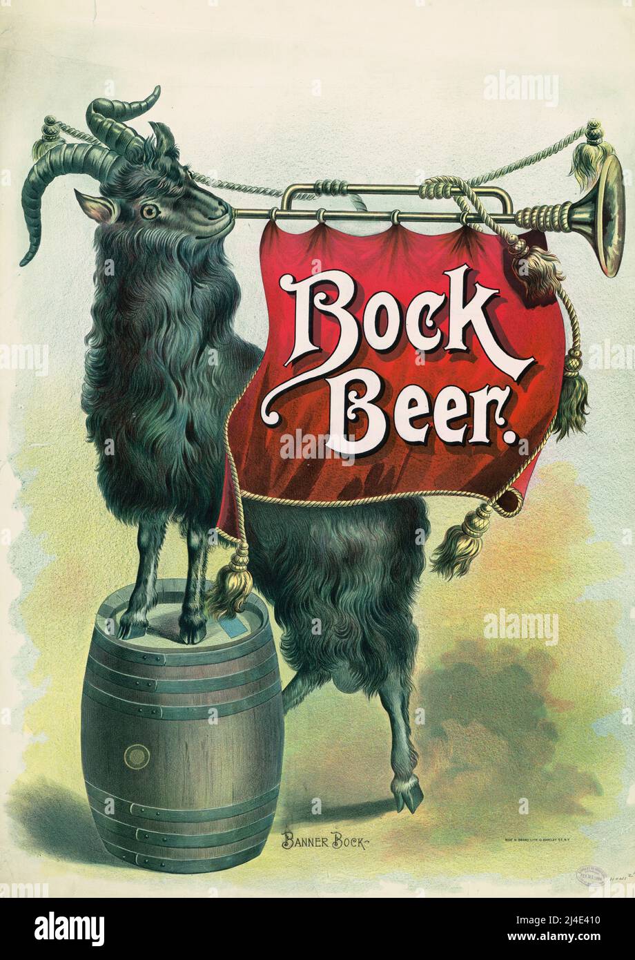 1894 ad for Bock Beer, with goat standing on wood barrel blowing trumpet, red banner. Chromolithograph by Rode and Brand. Stock Photo