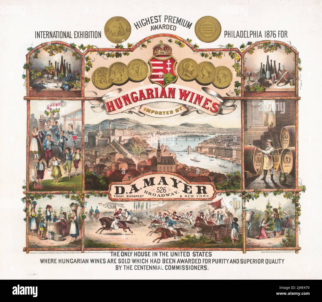 1877 ad for Hungarian Wines imported by D. A. Mayer. Lithograph by Mayer, Merkel & Ottmann. Stock Photo