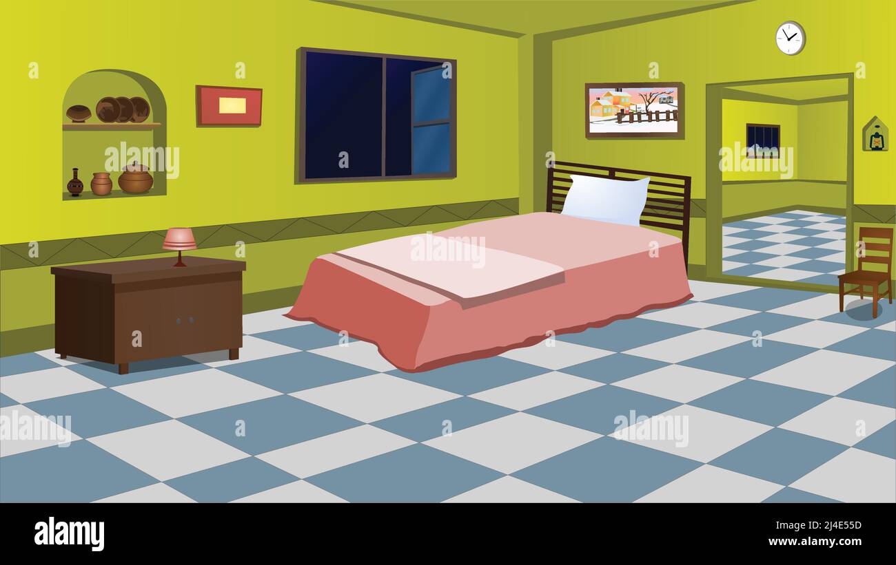 Village house room inside cartoon background with cozy bed, table, window,  door, chair vector illustration Stock Vector Image & Art - Alamy