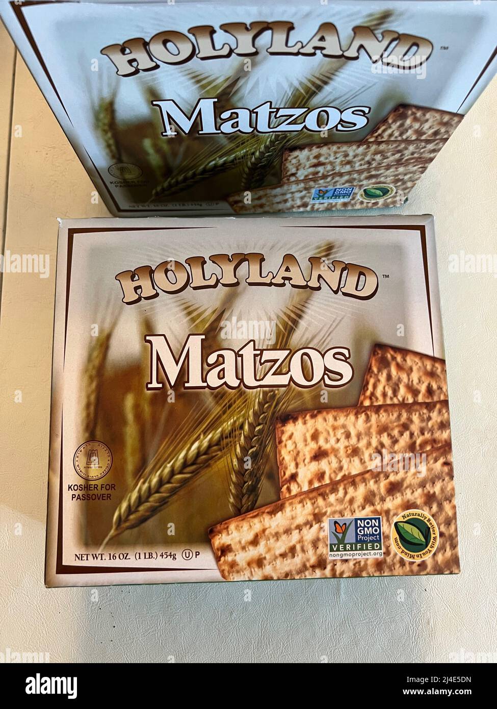 New York, United States. 14th Apr, 2022. Boxes of Holyland Matzos are on display in New York on April 14, 2022. The unleavened bread is eaten by Jews during Passover in commemoration of their Exodus from Egypt. (Photo by Samuel Rigelhaupt/Sipa USA) Credit: Sipa USA/Alamy Live News Stock Photo