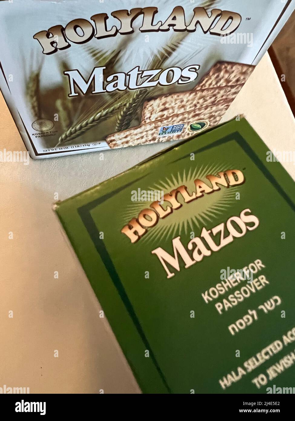 New York, United States. 14th Apr, 2022. Boxes of Holyland Matzos are on display in New York on April 14, 2022. The unleavened bread is eaten by Jews during Passover in commemoration of their Exodus from Egypt. (Photo by Samuel Rigelhaupt/Sipa USA) Credit: Sipa USA/Alamy Live News Stock Photo