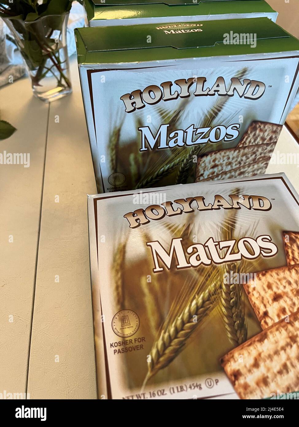 New York, United States. 14th Apr, 2022. Boxes of Holyland Matzos are on display in New York on