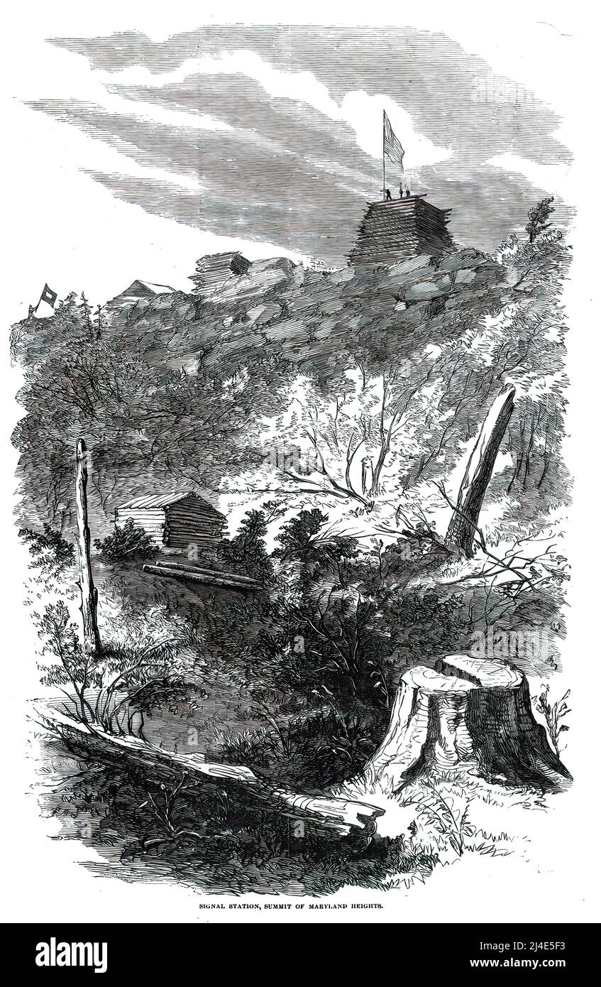 Signal station at the summit of Maryland Heights at Harpers Ferry in the American Civil War. 19th century illustration. Stock Photo