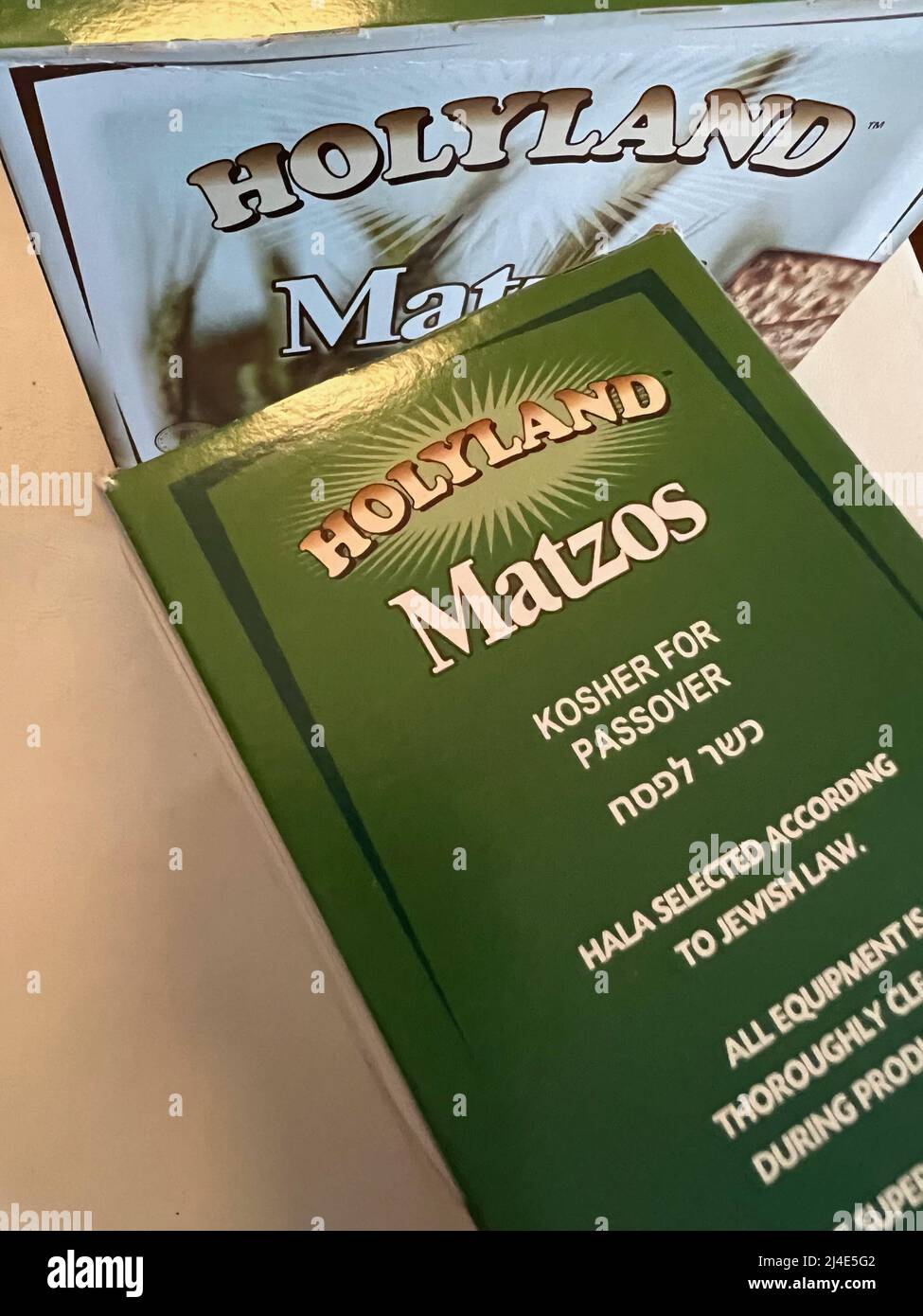 Boxes of Holyland Matzos are on display in New York on April 14, 2022. The unleavened bread is