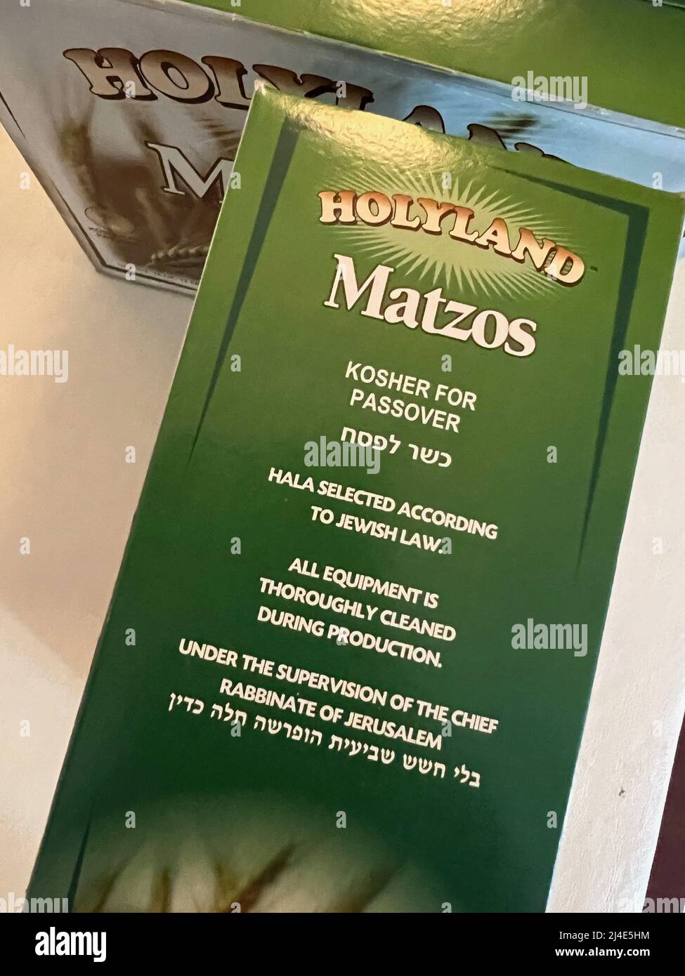 Boxes of Holyland Matzos are on display in New York on April 14, 2022. The unleavened bread is