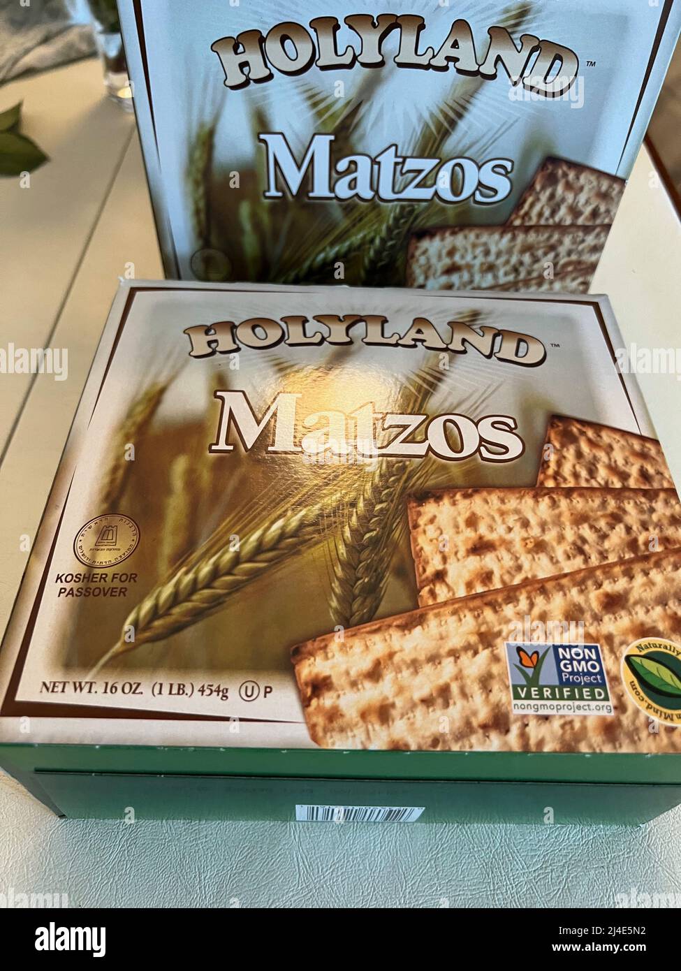Boxes of Holyland Matzos are on display in New York on April 14, 2022. The unleavened bread is