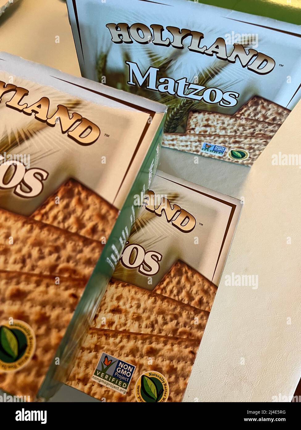 Boxes of Holyland Matzos are on display in New York on April 14, 2022. The unleavened bread is