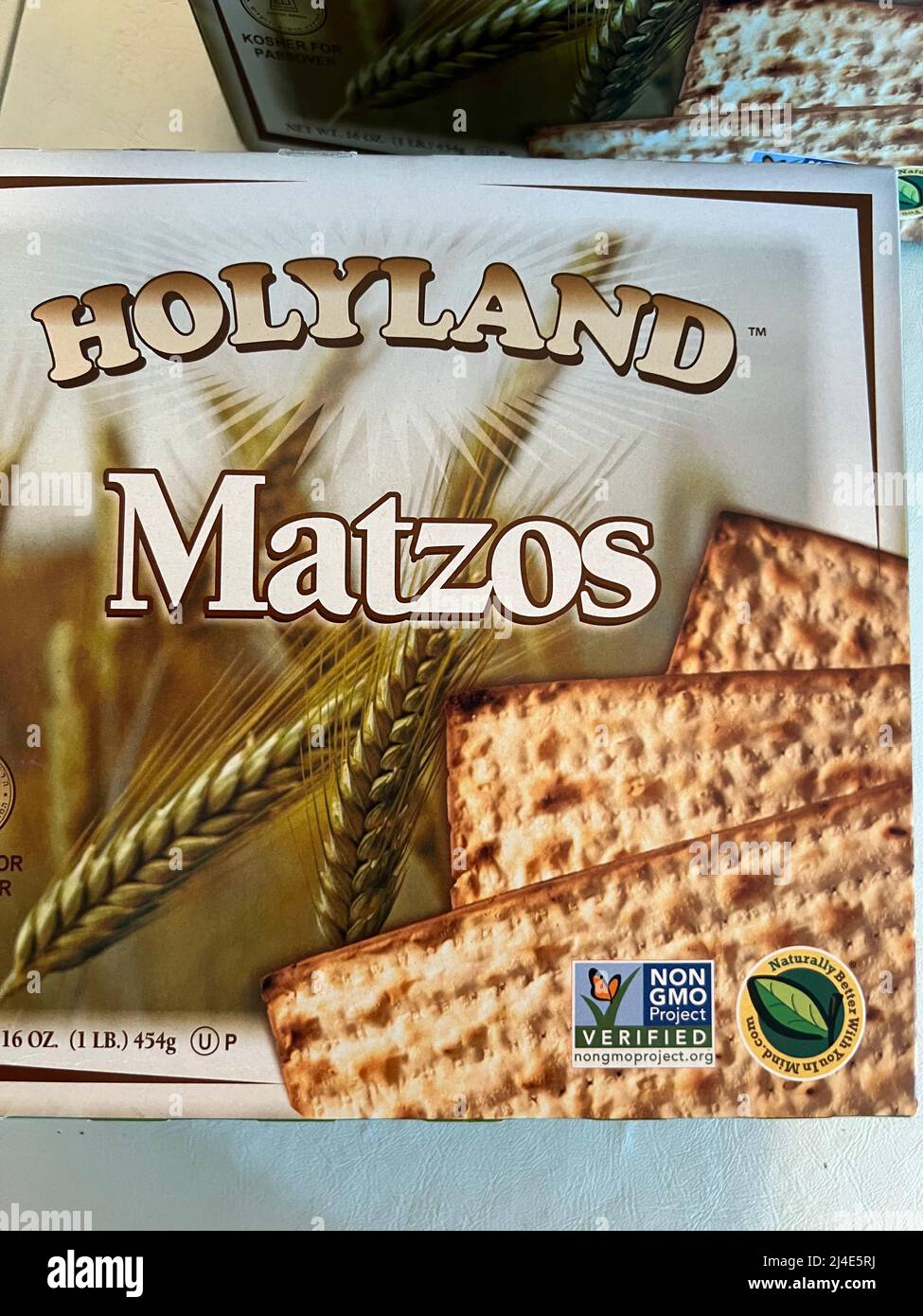 Boxes of Holyland Matzos are on display in New York on April 14, 2022. The unleavened bread is