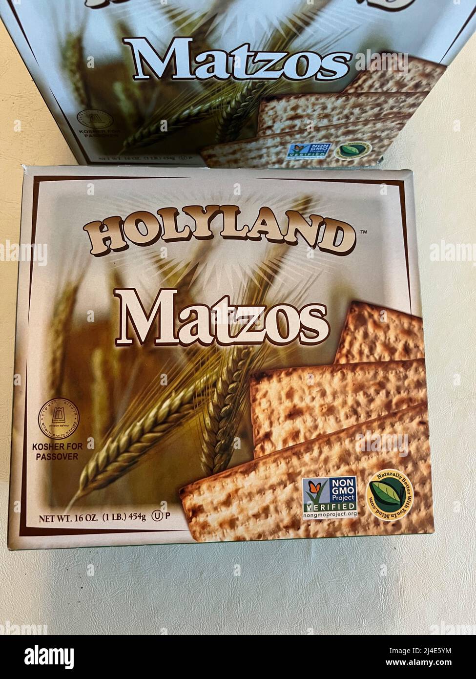 Boxes of Holyland Matzos are on display in New York on April 14, 2022