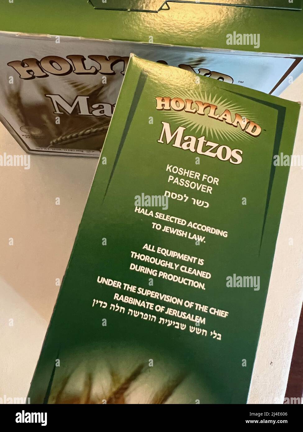 Boxes of Holyland Matzos are on display in New York on April 14, 2022. The unleavened bread is