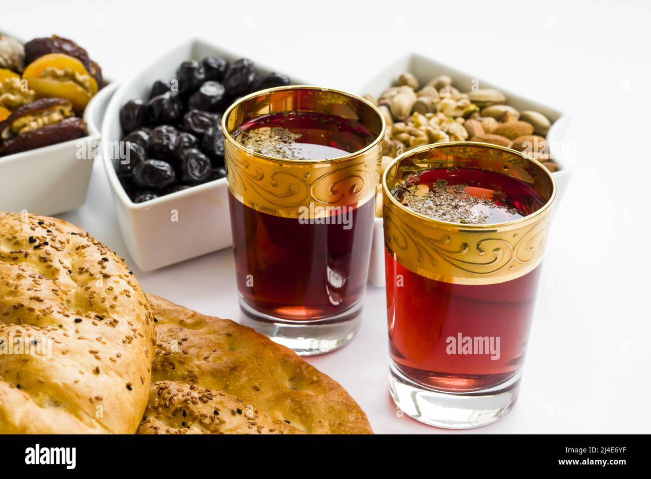 Traditional Ramadan iftar,beginning menu set with soup,olives,date