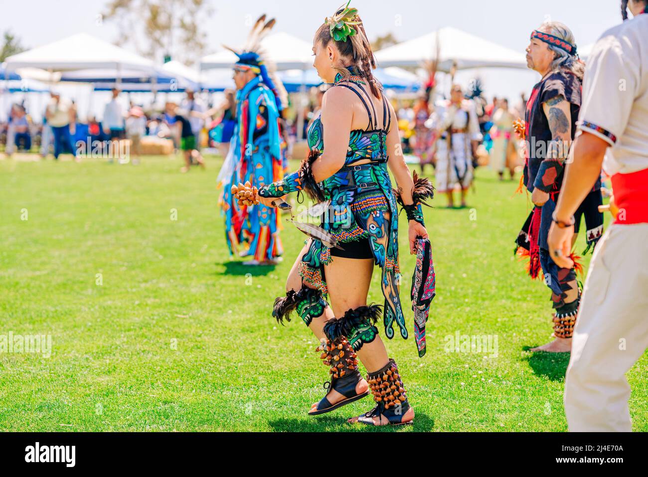 Malibu, California, USA - April 9, 2022. Powwow.  Native Americans dressed in full regalia. Chumash Day Powwow and Intertribal Gathering. Stock Photo