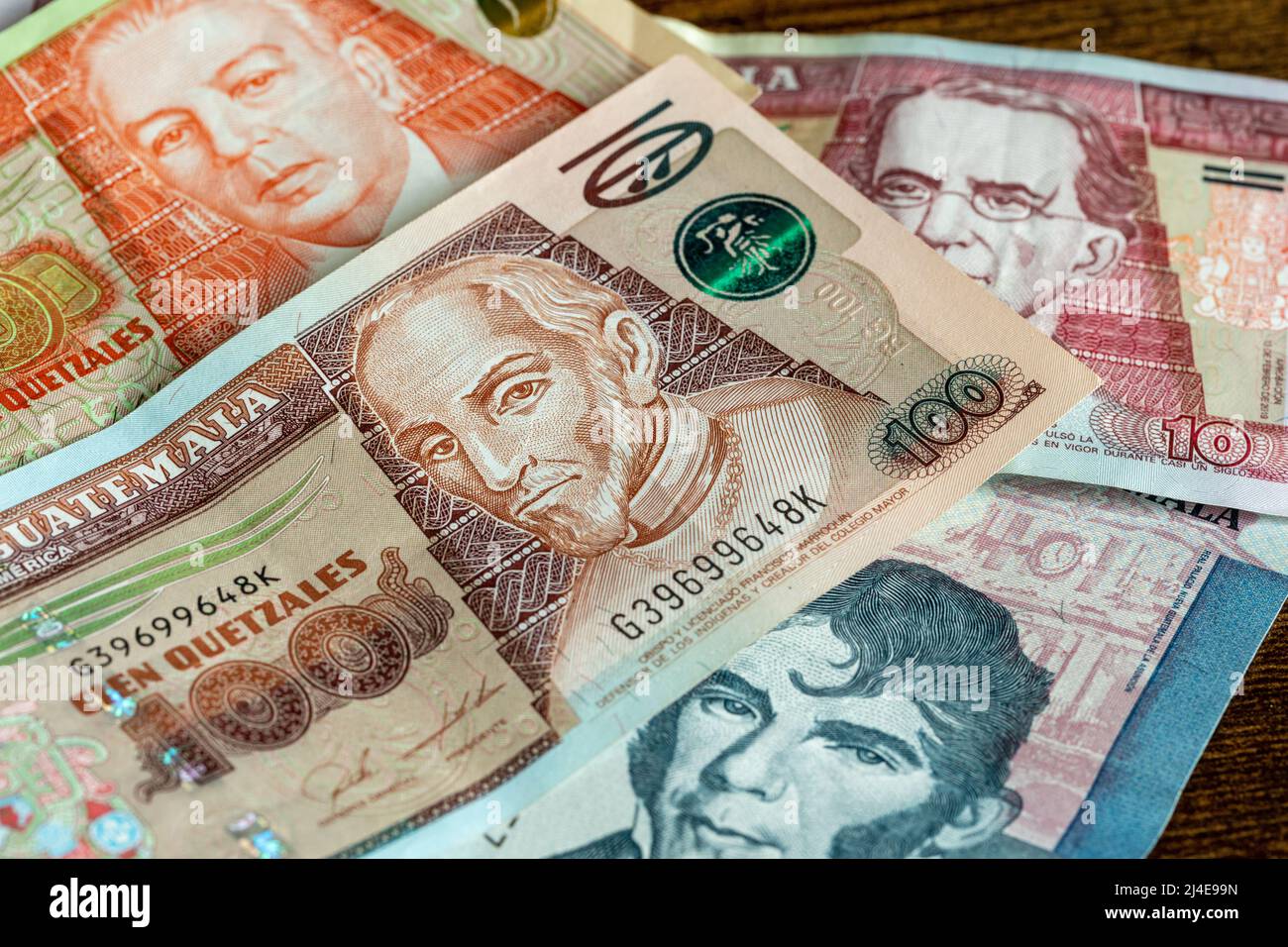 Guatemala money, Various quetzal banknotes lying on the table, business