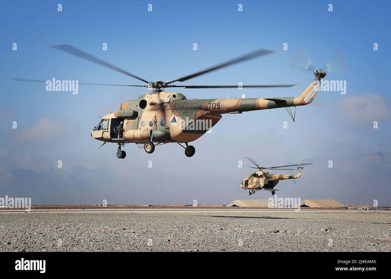 Mi-17 helicopters operated by the 2nd Wing of the Afghan National Army Air Force take off at Multinational Base Tarin Kowt in Uruzgan province, Afghanistan, Feb. 23, 2013. (U.S. Army photo/Released) The Mil Mi-17 (NATO reporting name: Hip) is a Soviet-designed Russian military helicopter family introduced in 1975 (Mi-8M), continuing in production as of 2021 at two factories, in Kazan and Ulan-Ude. It is known as the Mi-8M series in Russian service. Stock Photo