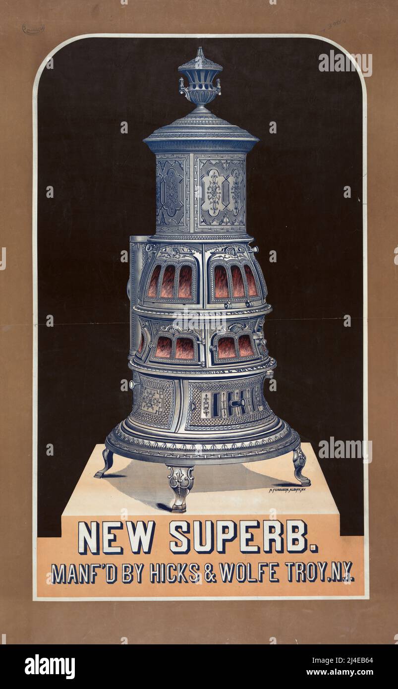 19th century ad for a pot bellied stove, New Superb, manufactured by Hicks & Wolfe, Troy, New York Stock Photo
