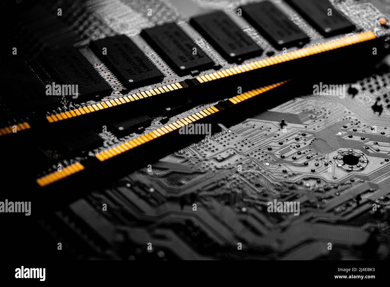 Macro Close up of computer RAM chip; random access memory chip slot for