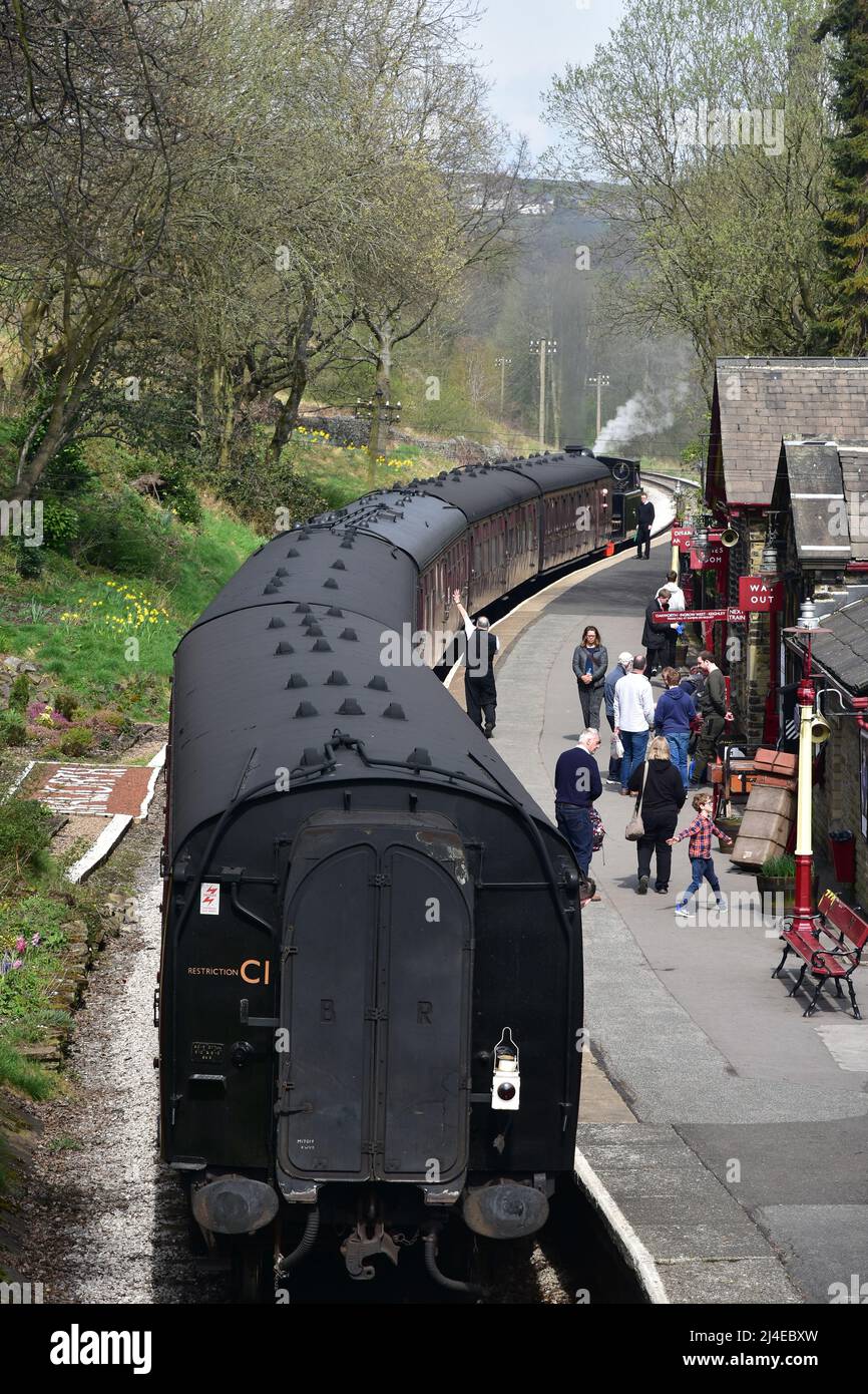 Steam train, Haworth railway station, K.W.V.R, West Yorkshire Stock Photo