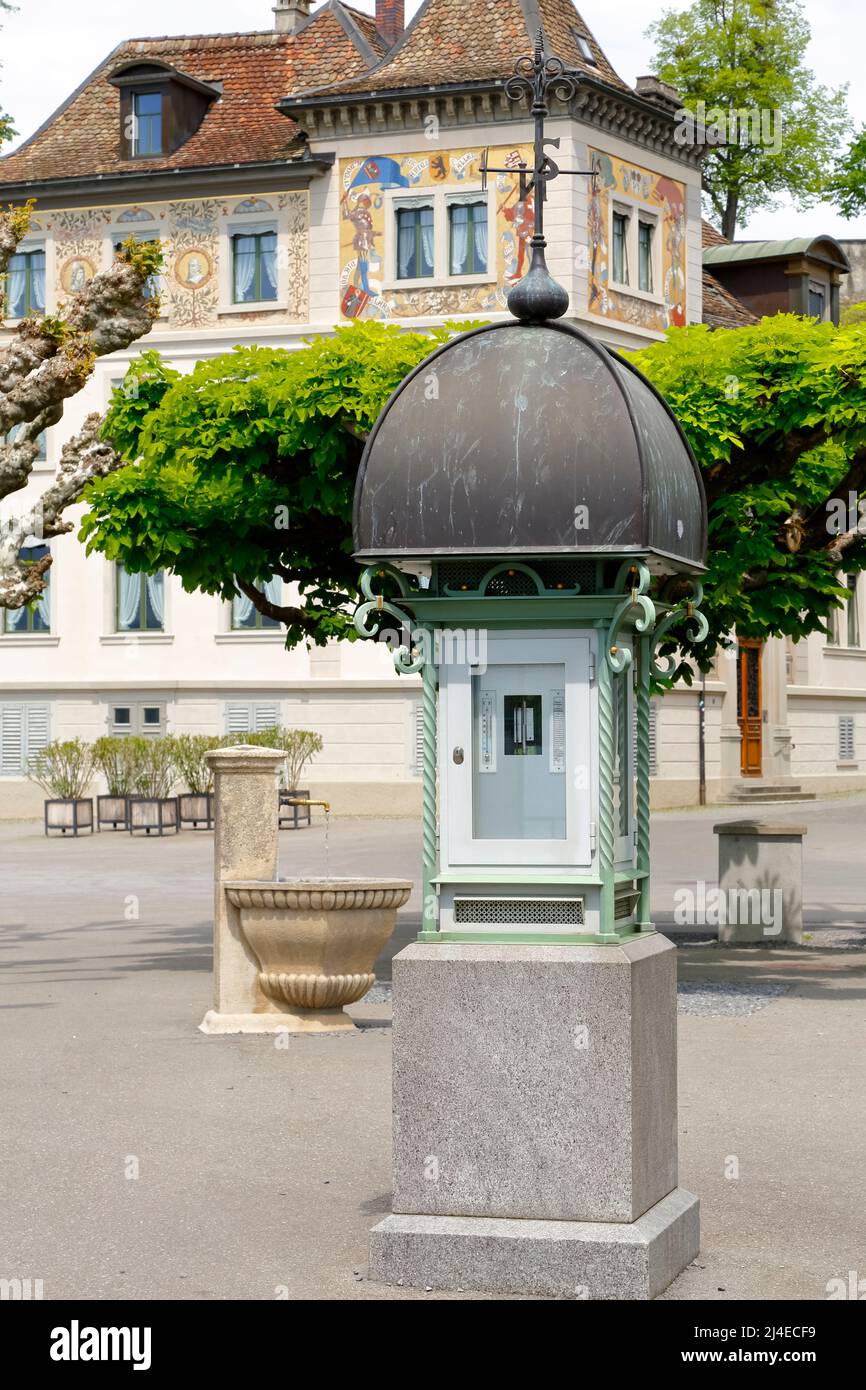 Rapperswil, Switzerland - May 10, 2016: Column that shows the geographic and weather data, it is located on a pavement next to the small fountain Stock Photo