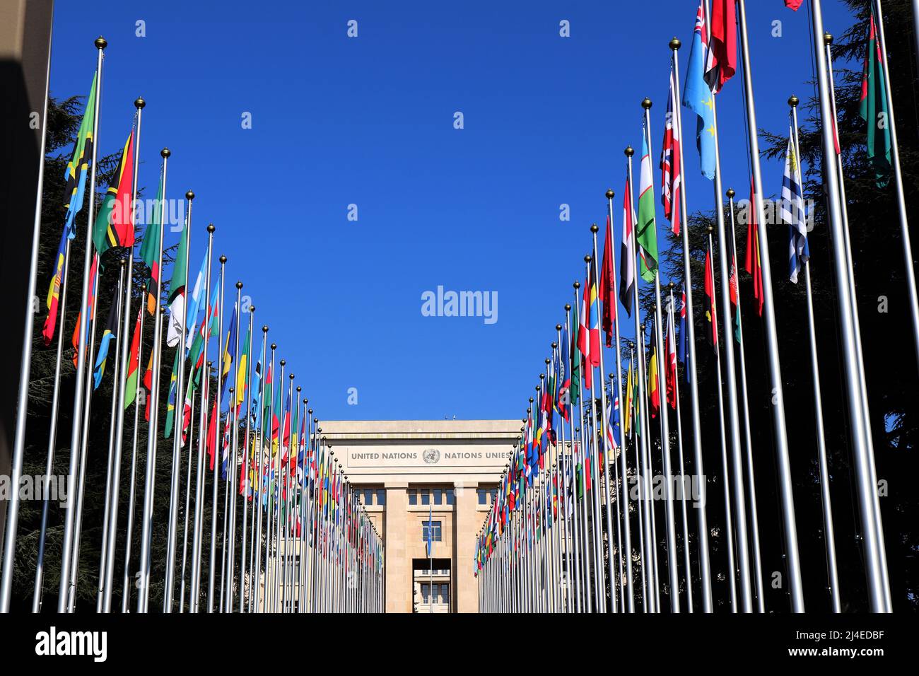 GENEVA, SWITZERLAND MARCH,3, 2022 United Nations headquaters and flags in Place des Nations, Geneva Switzerland Photo by Marcio Cimatti Stock Photo