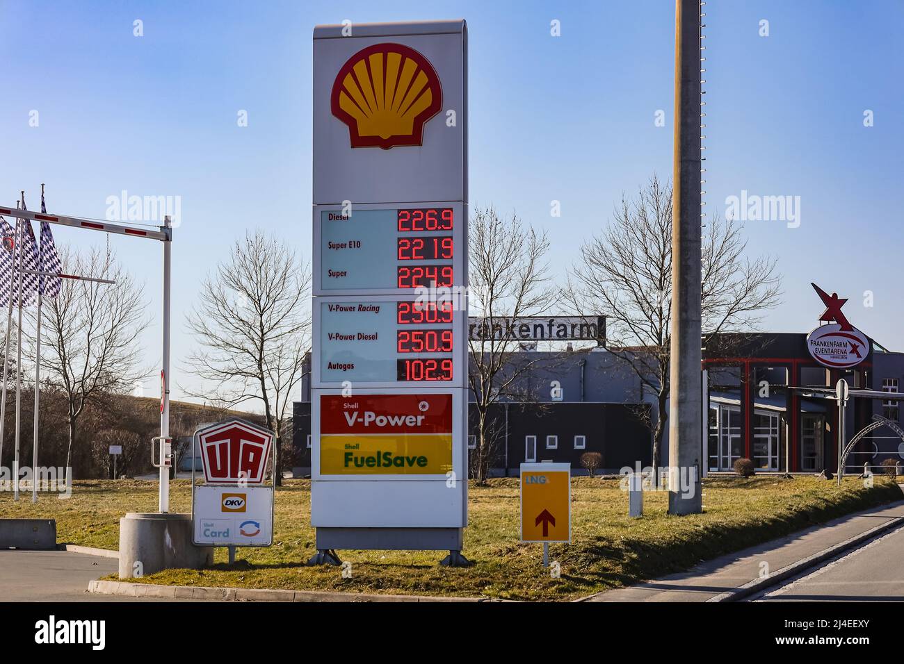 Extremely high and expensive fuel prices due to war at a gas station in Himmelkron on March 08th, Bavaria, Germany Stock Photo