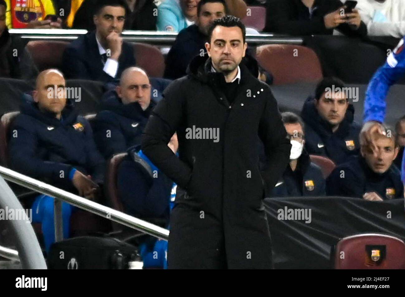 BARCELONA, SPAIN - APRIL 14: Coach Xavi of FC Barcelona during the UEFA Europa League Quarter-Finals, Second Leg match between FC Barcelona and Eintracht Frankfurt at Camp Nou stadium on April 14, 2022 in Barcelona, Spain (Photo by DAX Images/Orange Pictures) Stock Photo