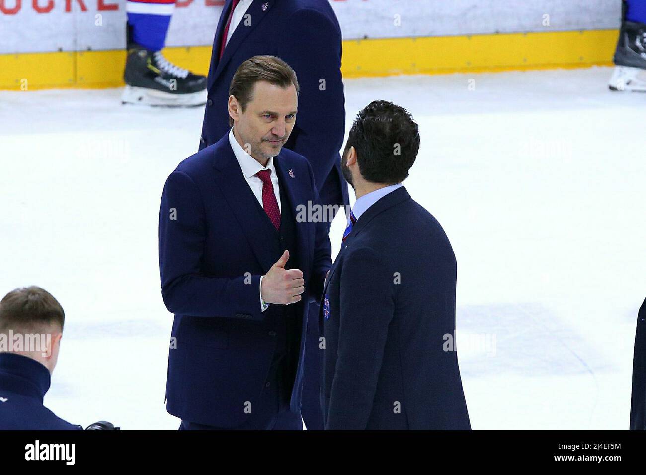 Saint Petersburg, Russia. 10th Apr, 2023. Sergei Fedorov, head coach of the  CSKA hockey club speaks at a press conference after the match of the  Kontinental Hockey League, Gagarin Cup, match 5