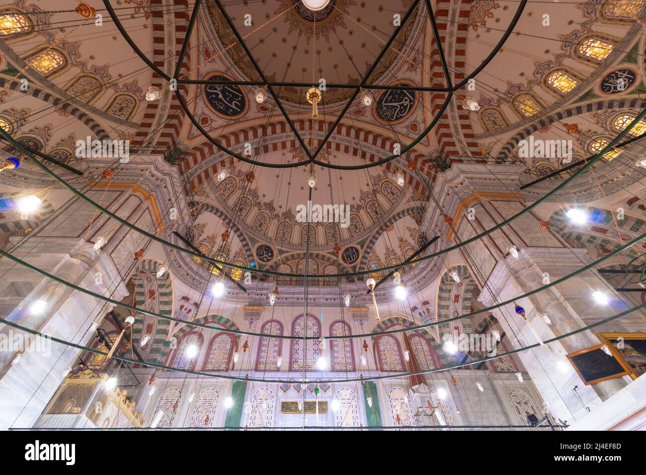 Fatih Mosque in Istanbul. Interior of Fatih Mosque. Ramadan or kandil or laylat al-qadr or kadir gecesi or islamic background photo. Istanbul Turkey - Stock Photo