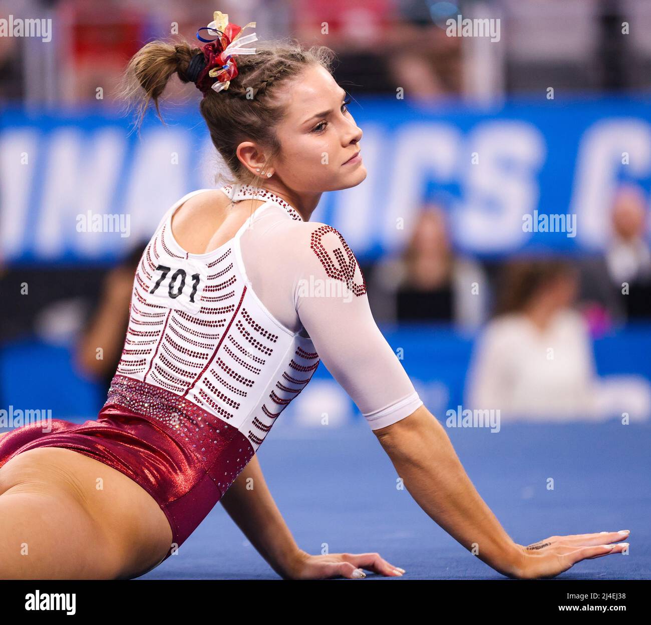 Fort Worth, TX, USA. 14th Apr, 2022. Oklahoma's Jordan Bowers performs her floor routine during Semifinal I of the 2022 NCAA National Collegiate Women's Gymnastics Championships at Dickies Arena in Fort Worth, TX. Kyle Okita/CSM/Alamy Live News Stock Photo