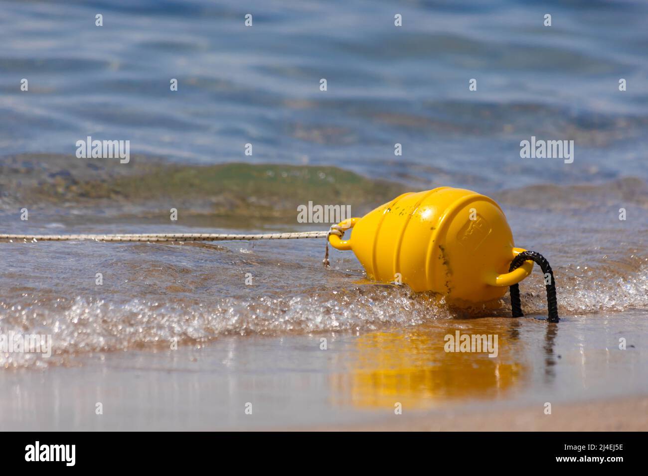 Safety yellow sea buoys floating on the beach Stock Photo