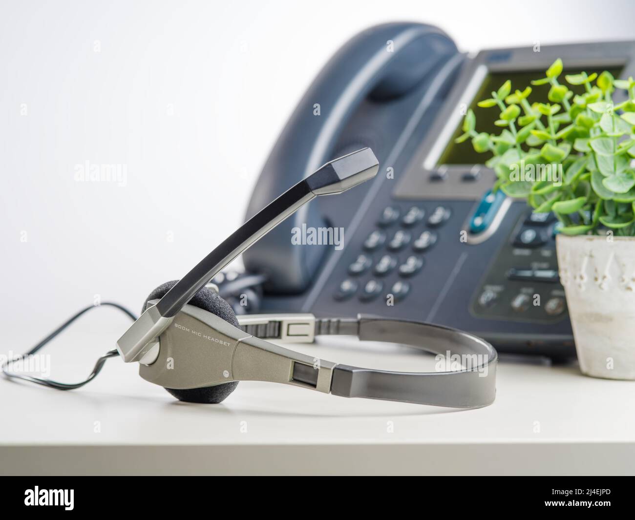 Office phone and headphones on a white background and indoor flower. Office, call center, customer service, trade, freelance, business. Advertising bu Stock Photo