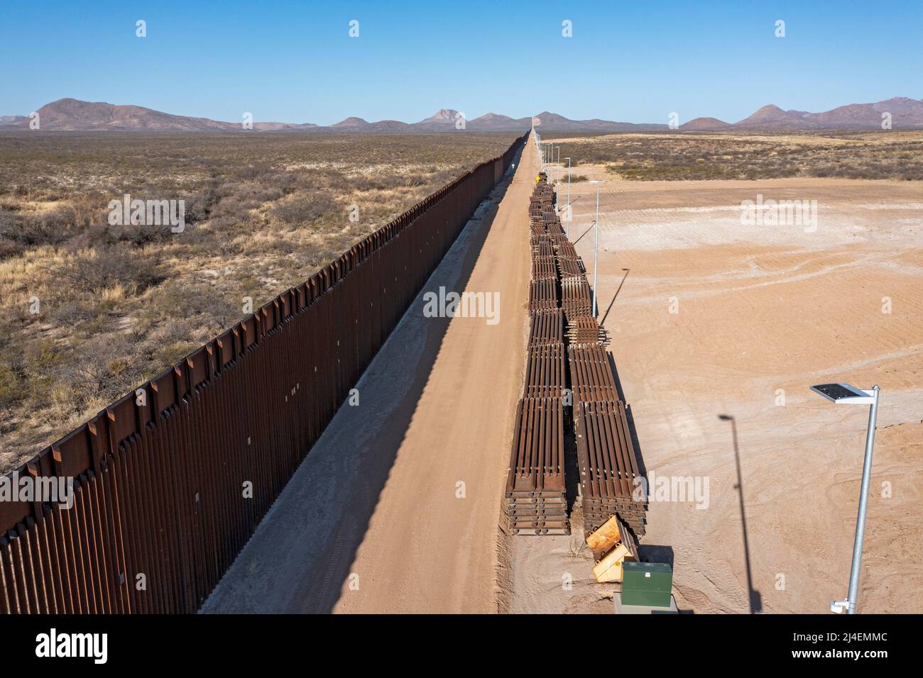 Douglas, Arizona Fence panels for the barrier along the U.S.Mexico border sit unused., more