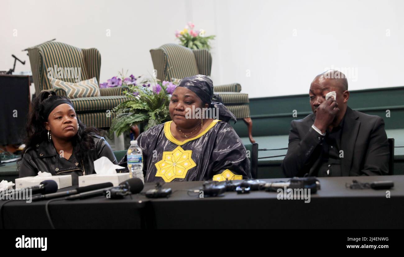 Tamike Palmer, mother of Breonna Taylor, sits with Dorcas and Peter Lyoya, parents of  Patrick Lyoya, an unarmed Black man who was shot and killed by a Grand Rapids Police officer during a traffic stop on April 4, during a news conference the day after video footage of the shooting was released, in Grand Rapids, Michigan, U.S., April 14, 2022.  REUTERS/Rebecca Cook Stock Photo