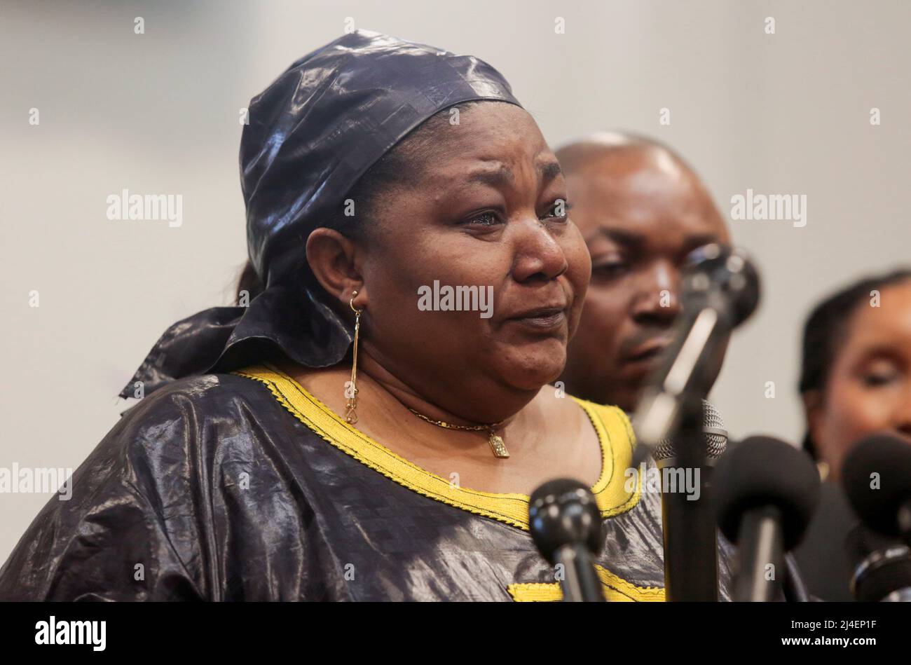 Dorcas Lyoya, mother of Patrick Lyoya, an unarmed Black man who was shot and killed by a Grand Rapids Police officer during a traffic stop on April 4, attends a news conference the day after video footage of the shooting was released, in Grand Rapids, Michigan, U.S., April 14, 2022.  REUTERS/Rebecca Cook Stock Photo