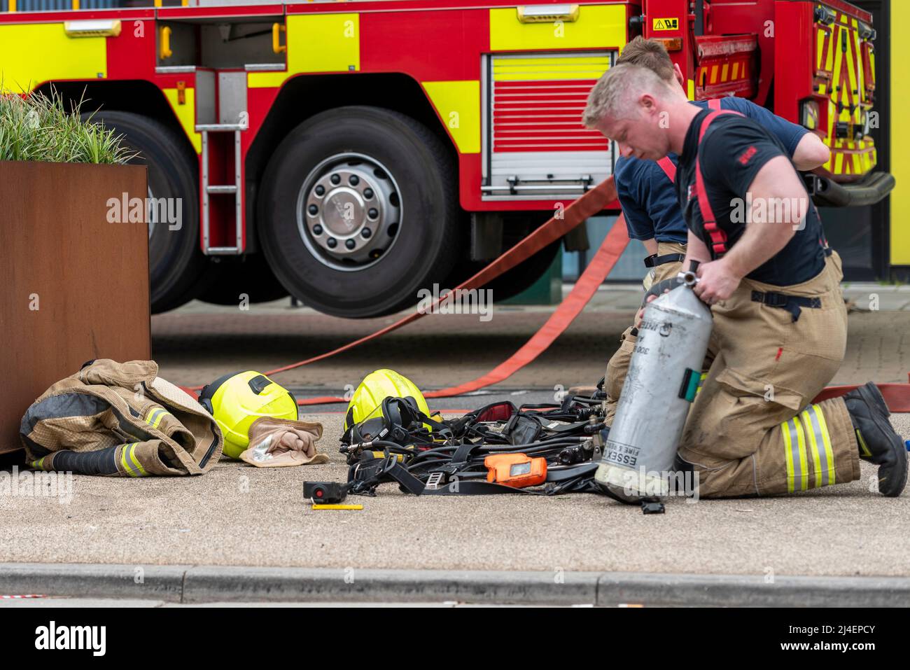 Firefighter Packing Essex County Fire & Rescue Service carrying out training exercise at ...