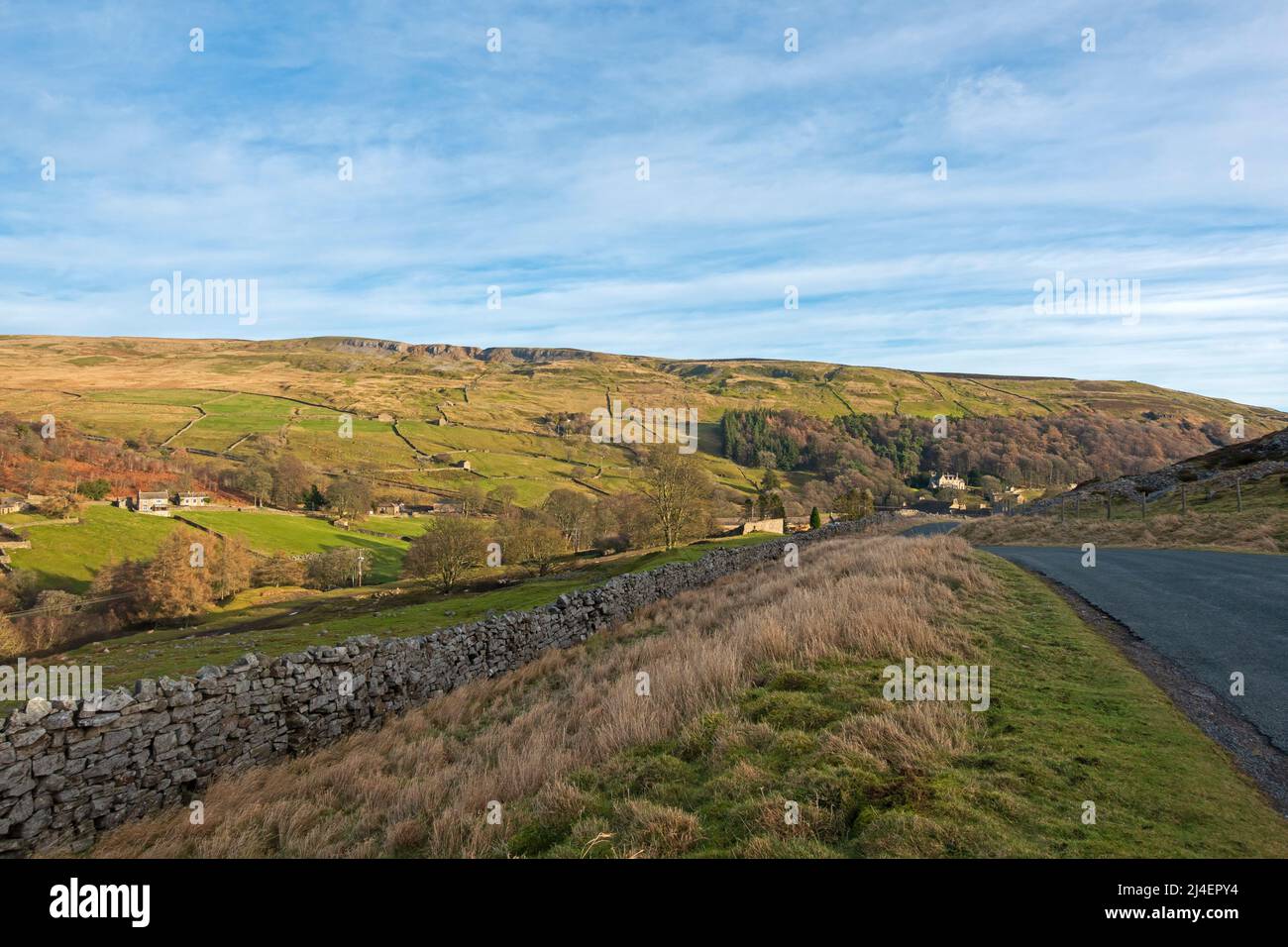 Arkengarthdale, Yorkshire Dales National Park, In winter the fields are still green, although areas of bracken and heather are rust and gold. Stock Photo