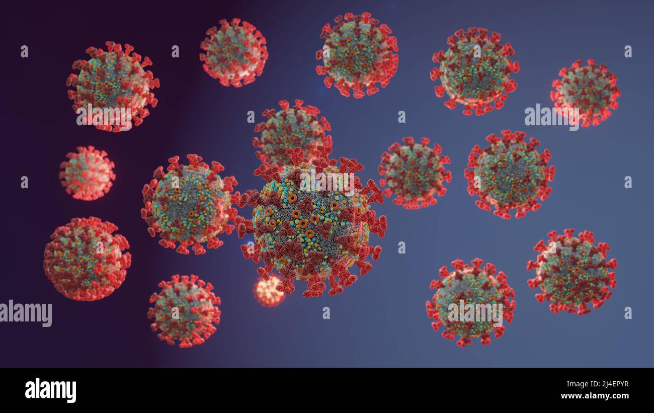 Omicrone Mutated Omicron SARS-CoV-2 viruses. Electron microscope transparent ...