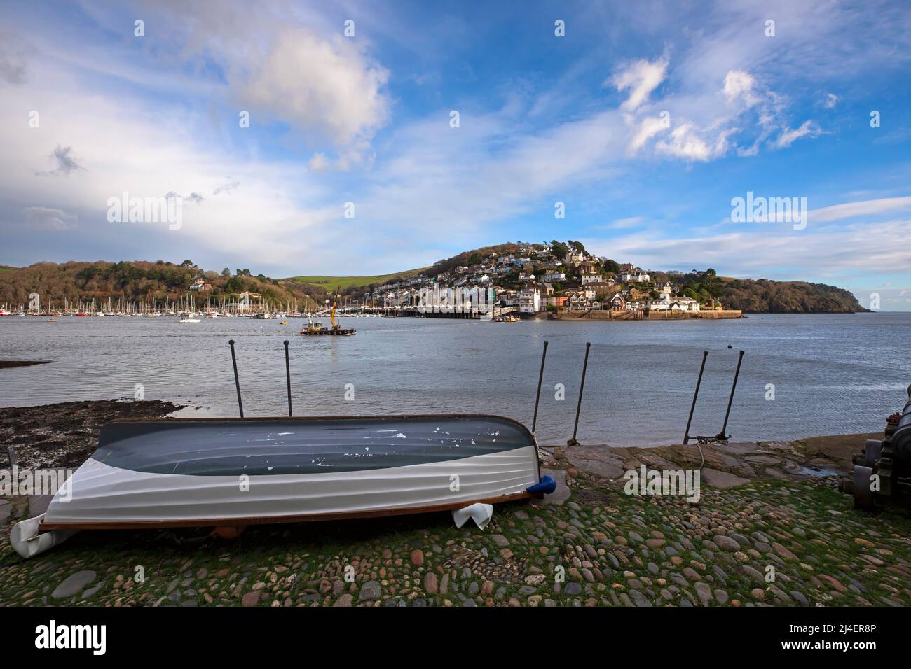 Kingswear and the River Dart, Dartmouth, South Hams, Devon. Dartmouth Lower Ferry transports vehicles across the river. Stock Photo
