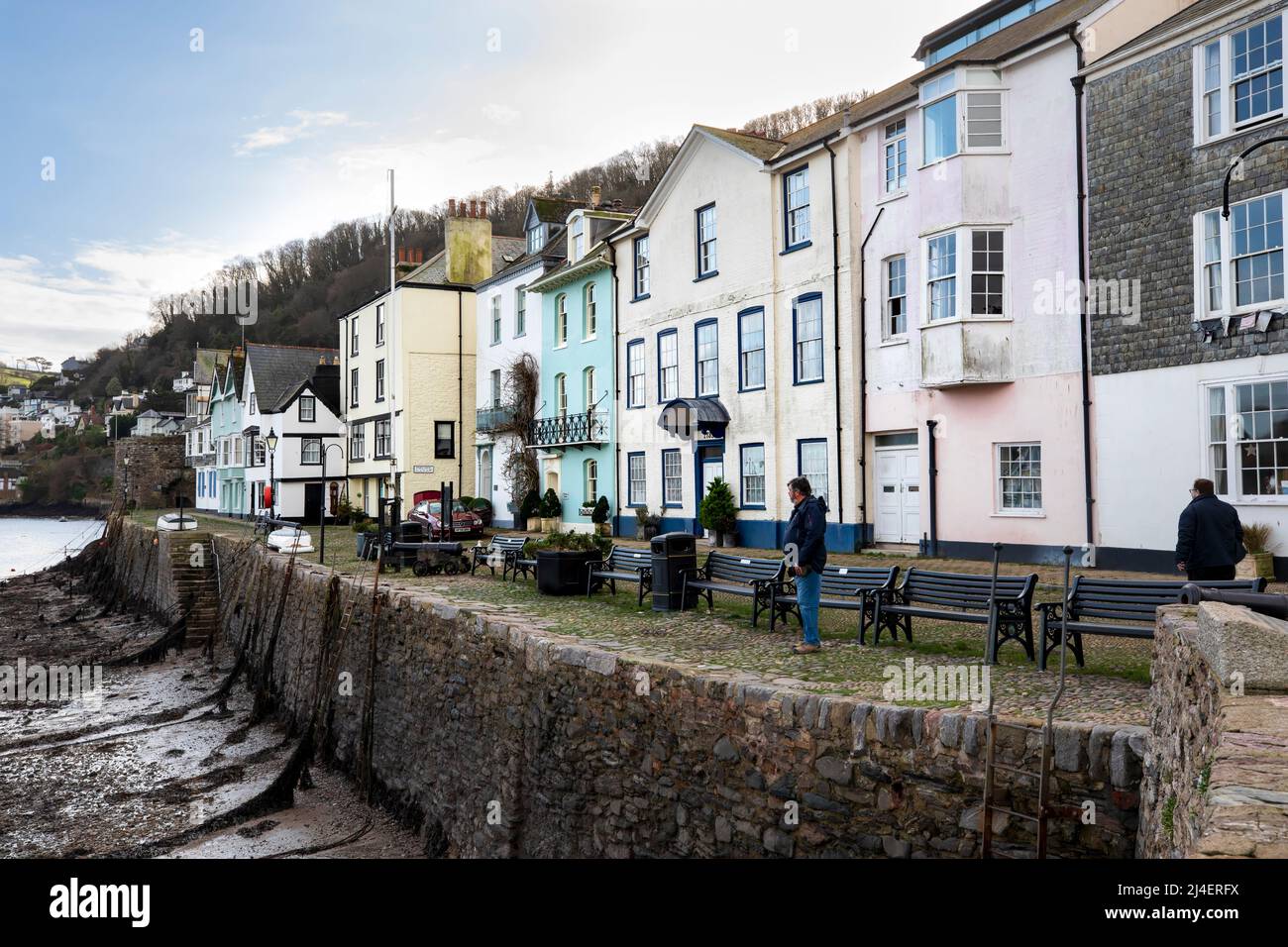 Historic houses on the quay in Dartmouth, South Hams, Devon. Bayard's Cove Fort is at the end of the quay. The quay was one of the stops the Pilgrim F Stock Photo