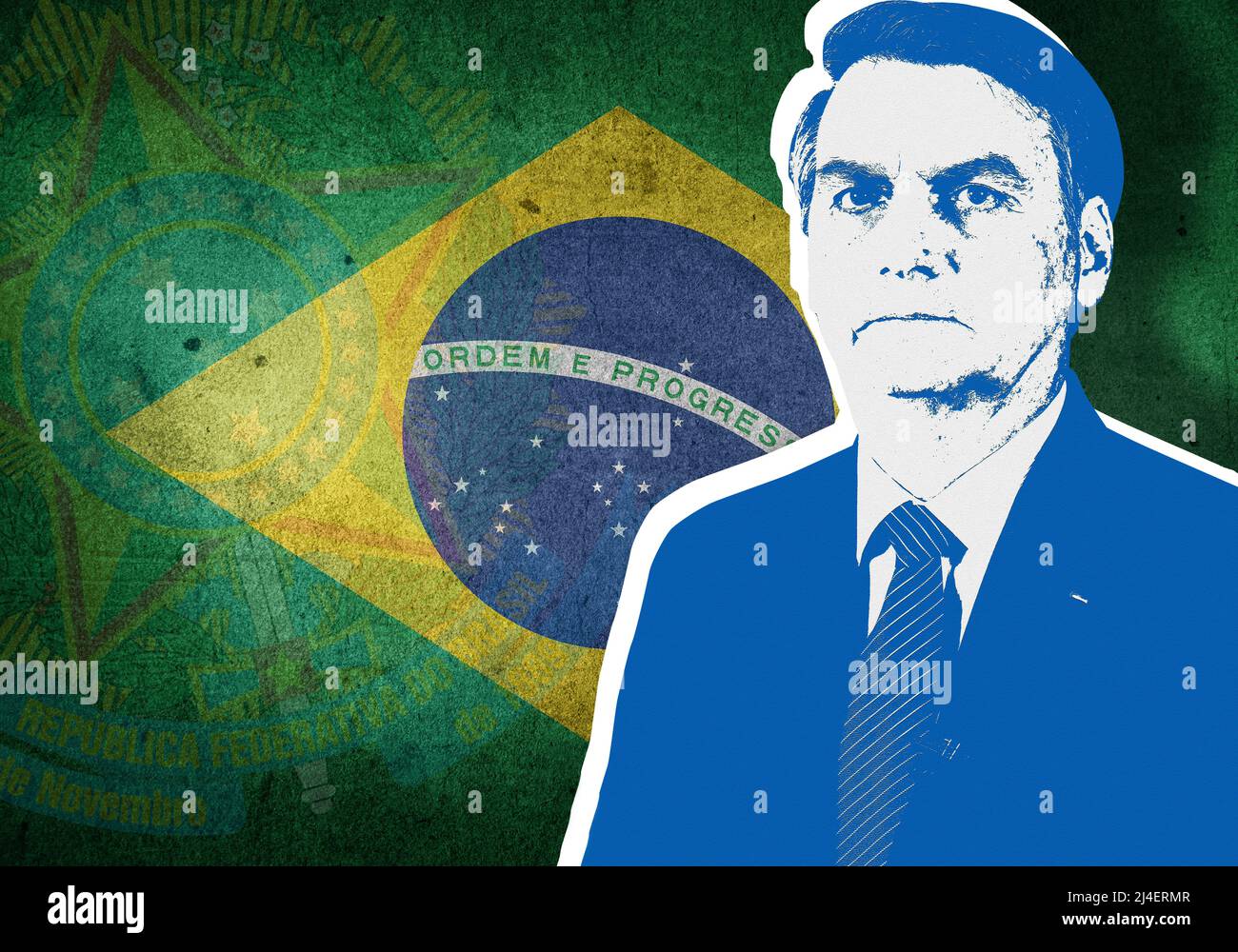 Jair Bolsonaro, Brazil flag and national coat of arms Stock Photo