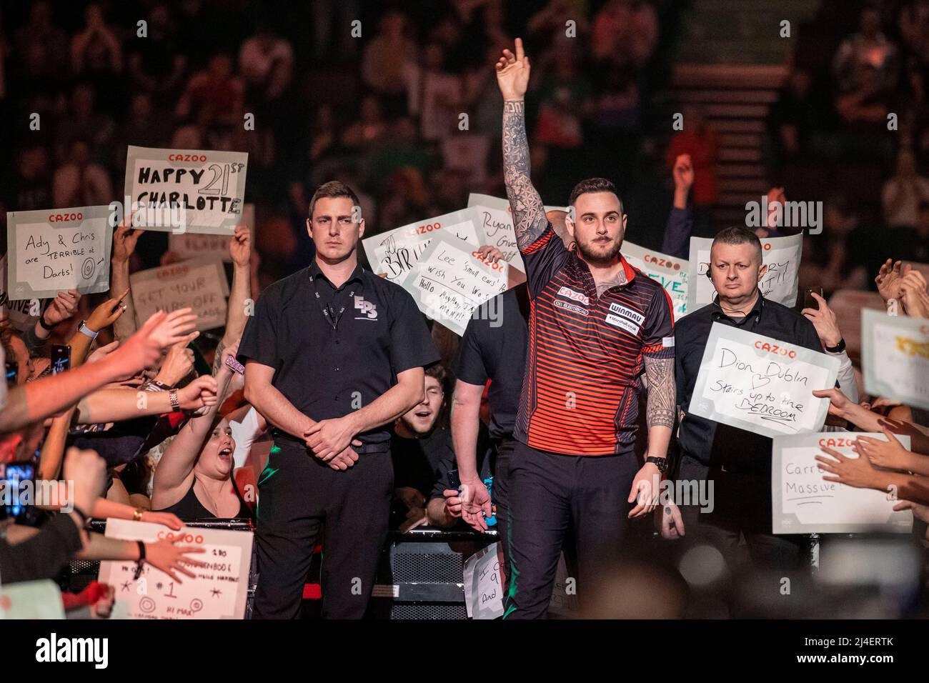 AO Arena, Manchester, UK. 14th Apr, 2022. PDC Darts tournament, Manchester;  Joe Cullen during his walk on for the final against James Wade Credit:  Action Plus Sports/Alamy Live News Stock Photo -