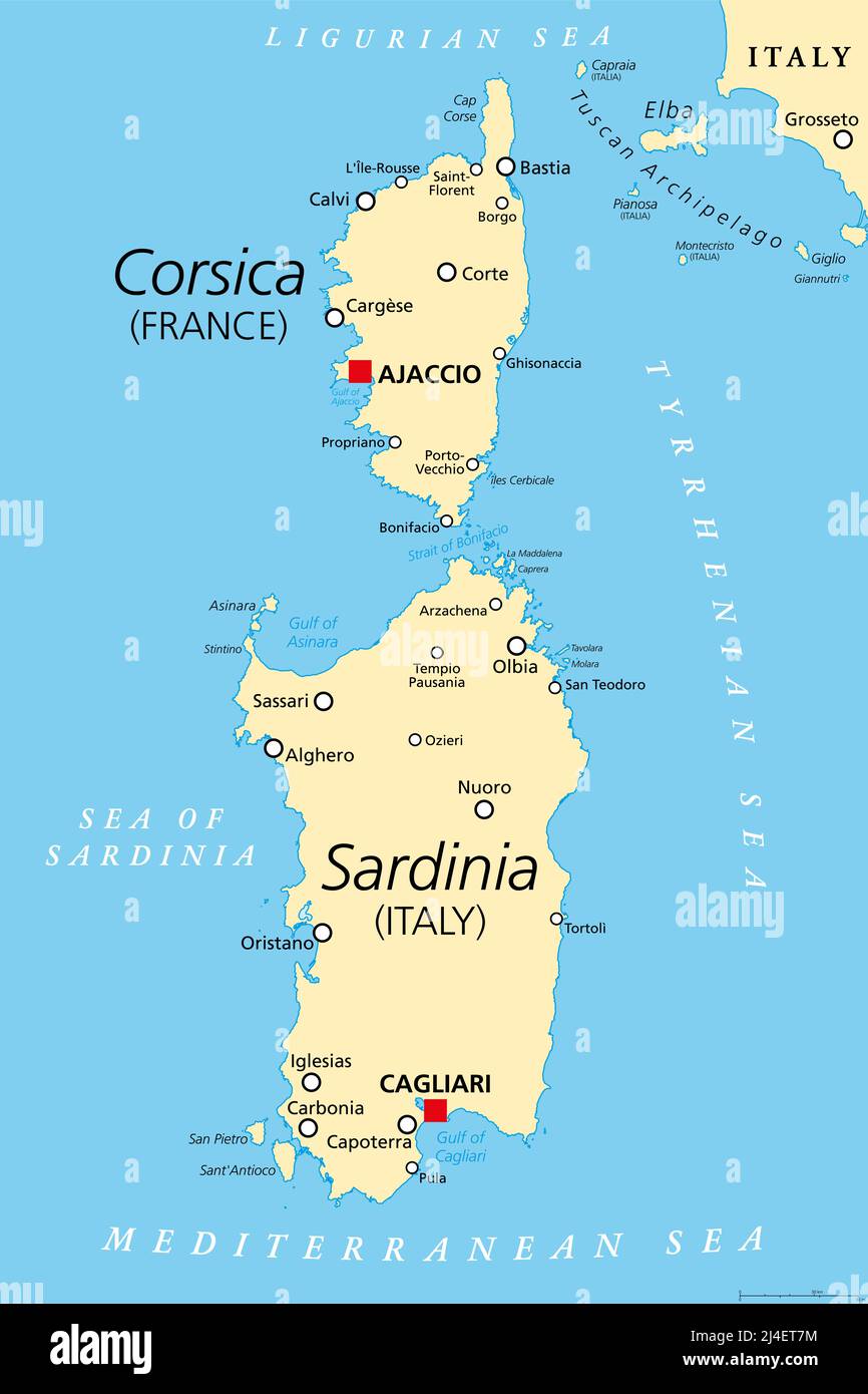 Corsica and Sardinia, political map. French and Italian islands, with capitals Ajaccio and Cagliari. Islands in Mediterranean Sea. Stock Photo