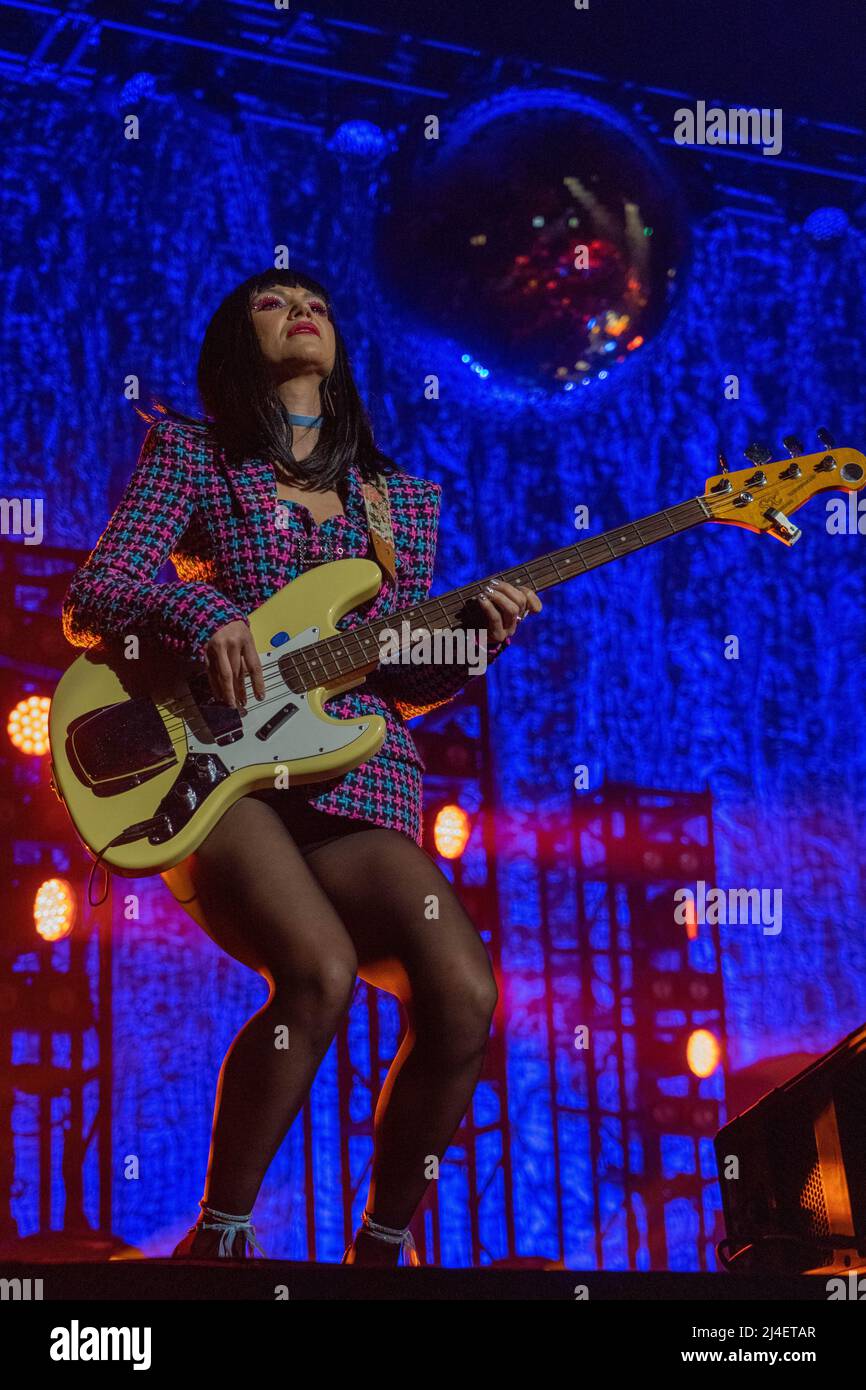 London, UK. April 14th, 2022. Laura Lee of Khruangbin performing live on stage at Alexandra Palace in London. Photo: Richard Gray/Alamy Stock Photo