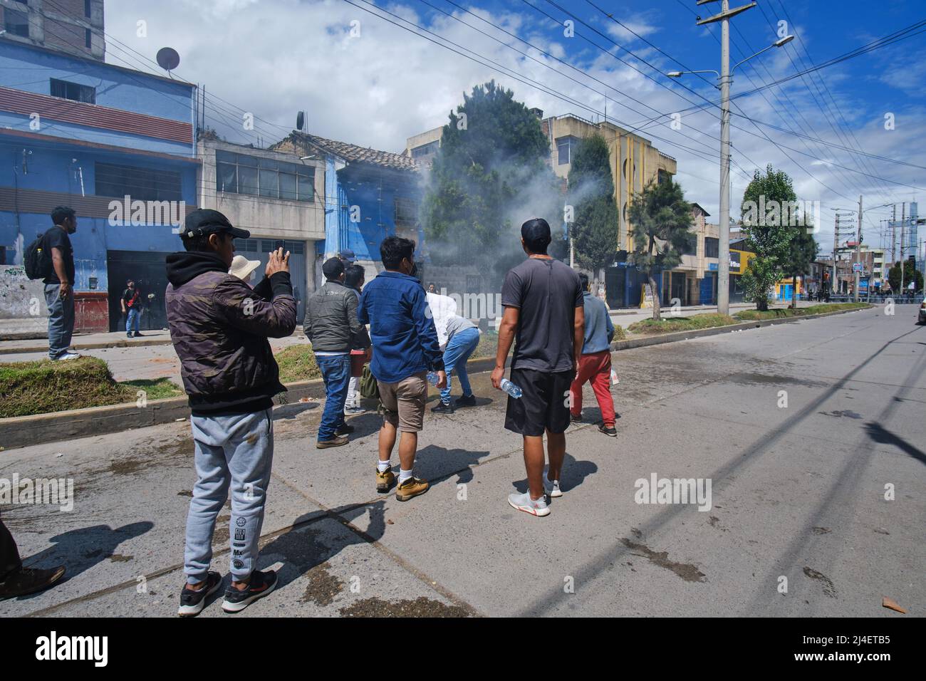 Huancayo. March 02, 2022. Civil demonstrations during the strike of transporters and farmers, there were clashes between police and the population wit Stock Photo