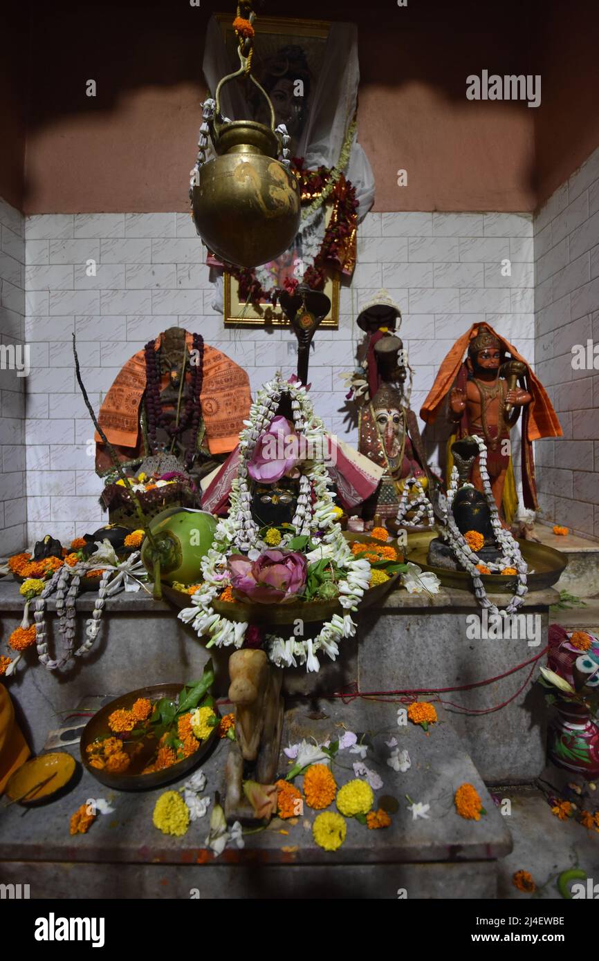 West Bengal, India, 14th Apr 2022. Lord Shiva of the mandir where the Hindu festival Gajan or Shivagajan is being celebrated with various rituals mainly in Bengal. It is associated with Lord Shiva, Neel and Dharmaraj in Hinduism. Gajan spans several days in the month of Chaitra and continuing till the end of the Bengali year and ends with Charak puja. Participants known as Sannyasi or Bhakta belong to any gender and age. The main theme of this festival is deriving satisfaction through pain, devotion and sacrifice. (Photo by Biswarup Ganguly/Pacific Press) Credit: Pacific Press Media Production Stock Photo