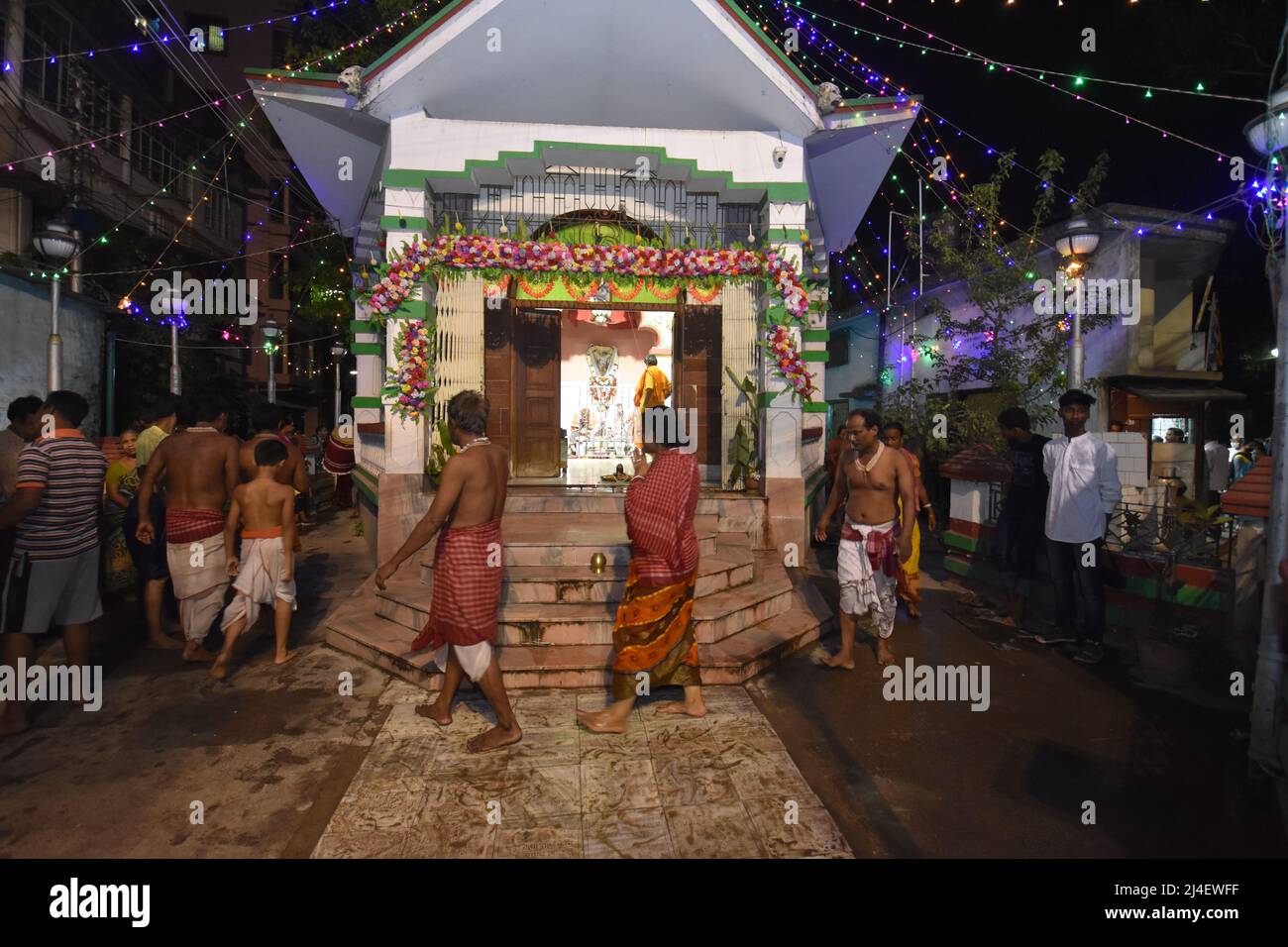 West Bengal, India, 14th Apr 2022. Howrah, India. 14th Apr, 2022. The Hindu festival Gajan or Shivagajan is being celebrated with various rituals mainly in Bengal. It is associated with Lord Shiva, Neel and Dharmaraj in Hinduism. Gajan spans several days in the month of Chaitra and continuing till the end of the Bengali year and ends with Charak puja. Participants known as Sannyasi or Bhakta belong to any gender and age. The main theme of this festival is deriving satisfaction through pain, devotion and sacrifice. (Photo by Biswarup Ganguly/Pacific Press) Credit: Pacific Press Media Production Stock Photo