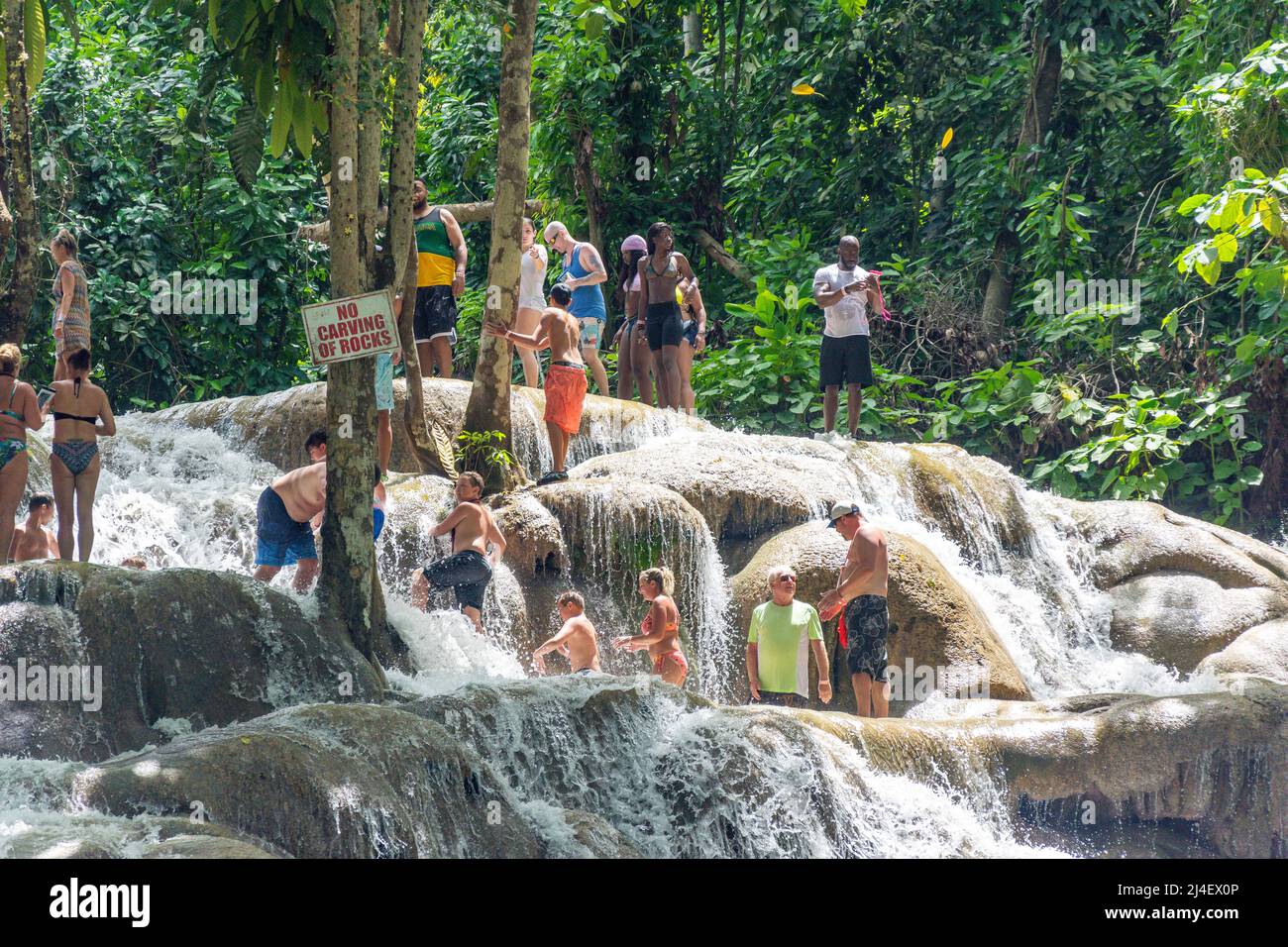 Tourists climbing Dunns River Falls, Ocho Rios, St Ann Parish, Jamaica